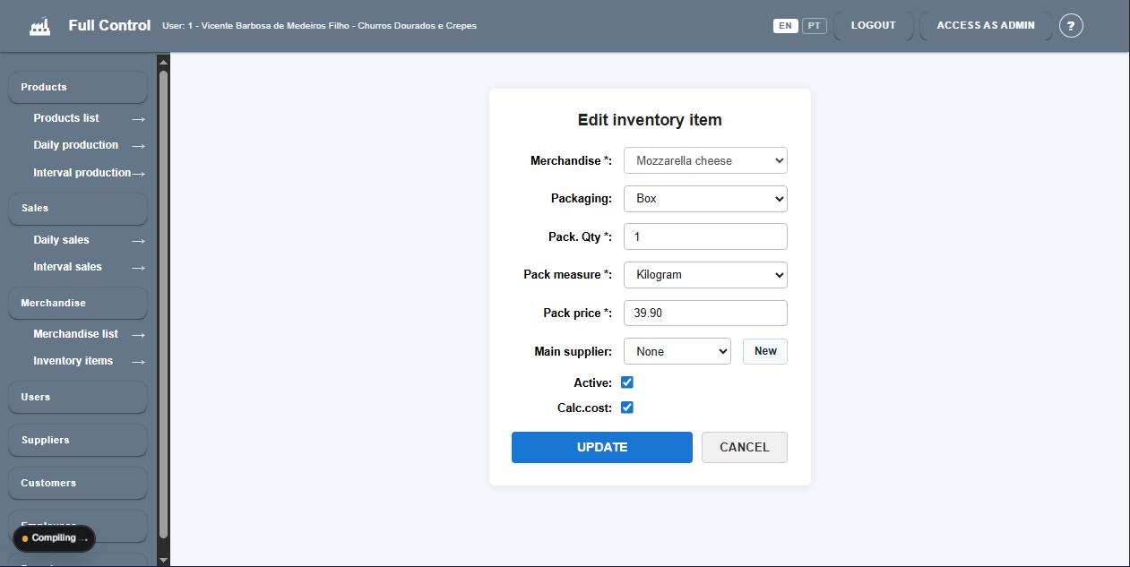 Edit inventory item screen
